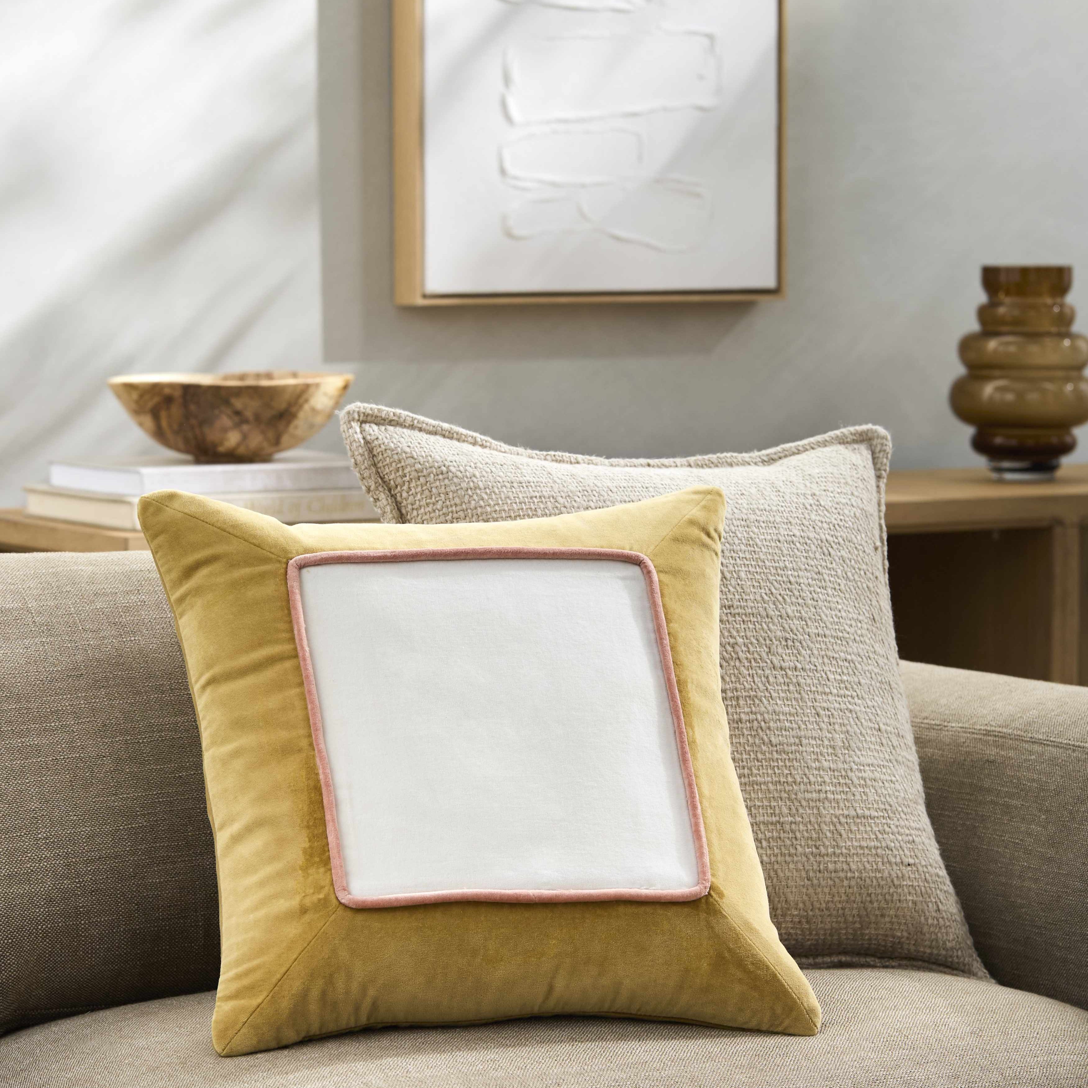 Rahiq Cotton Throw Pillow in Off White with Yellow Border and Slim Salmon Piping