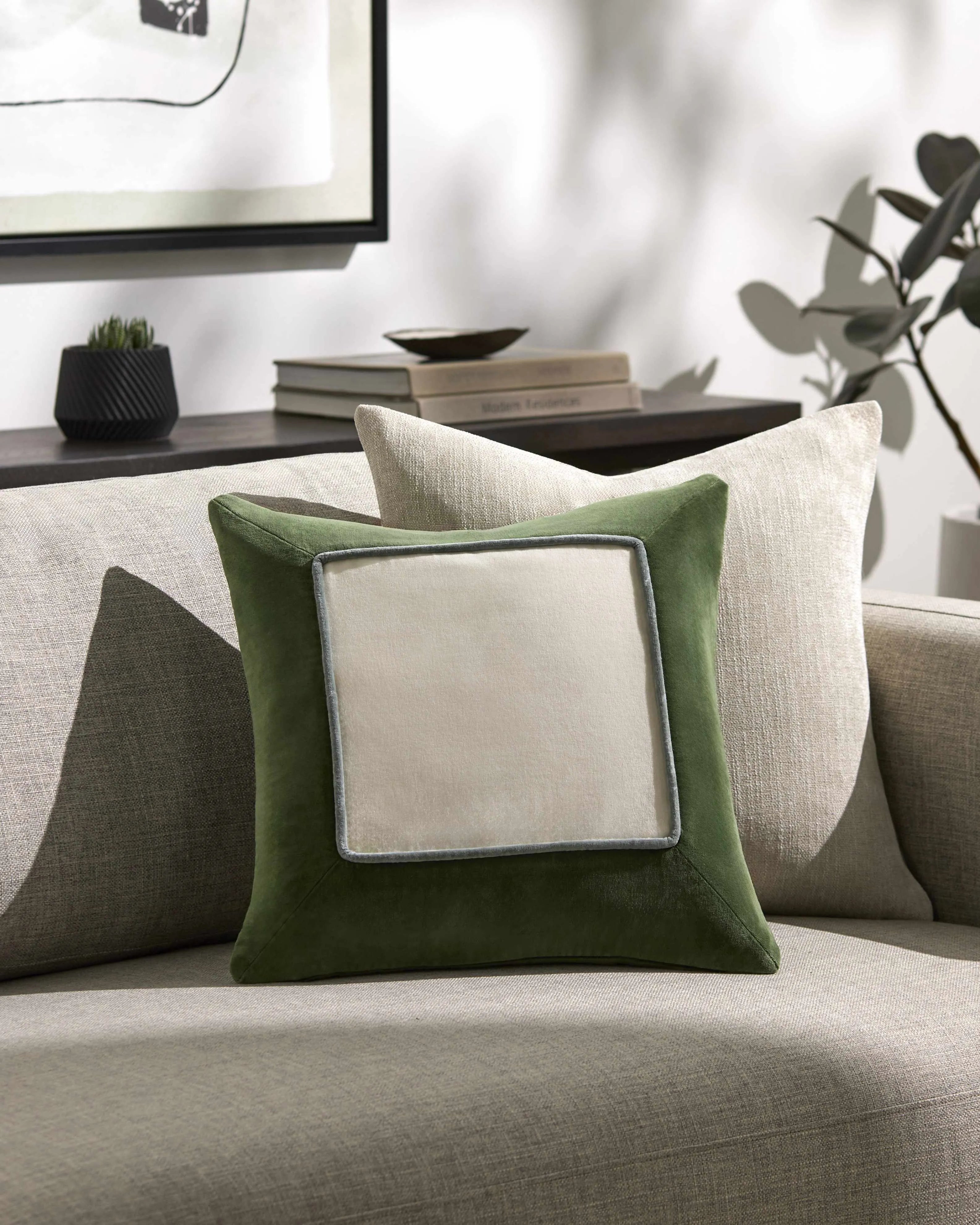 Rahiq Cotton Throw Pillow in Off White Center and Forest Green Border