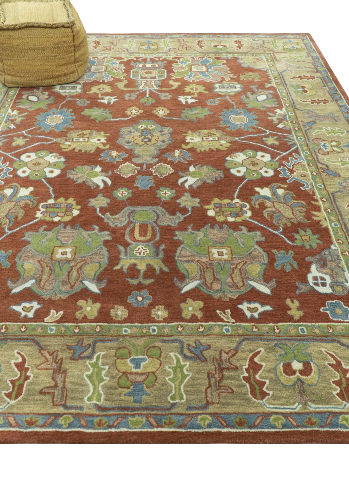Hand Tufted Wool Area Rug in Rust And Beige with Traditional Oushak Design (8 x 10)
