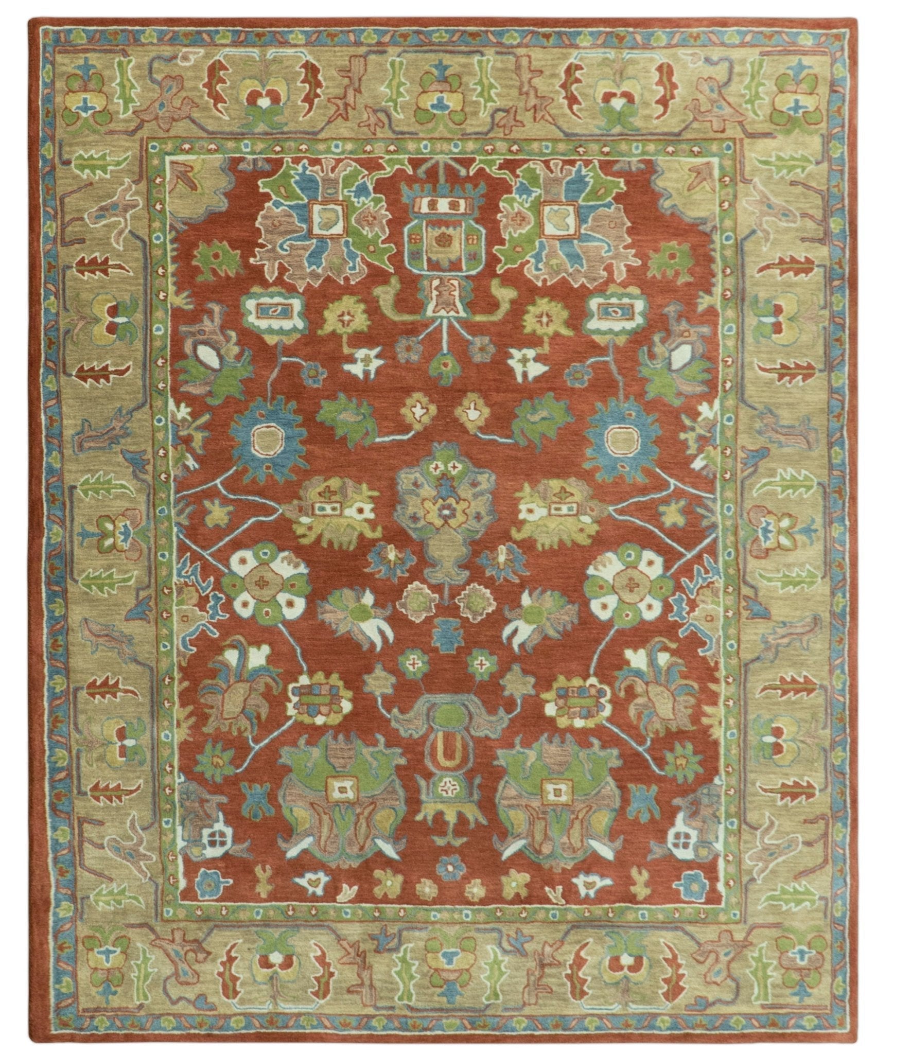 Hand Tufted Wool Area Rug in Rust And Beige with Traditional Oushak Design (8 x 10)