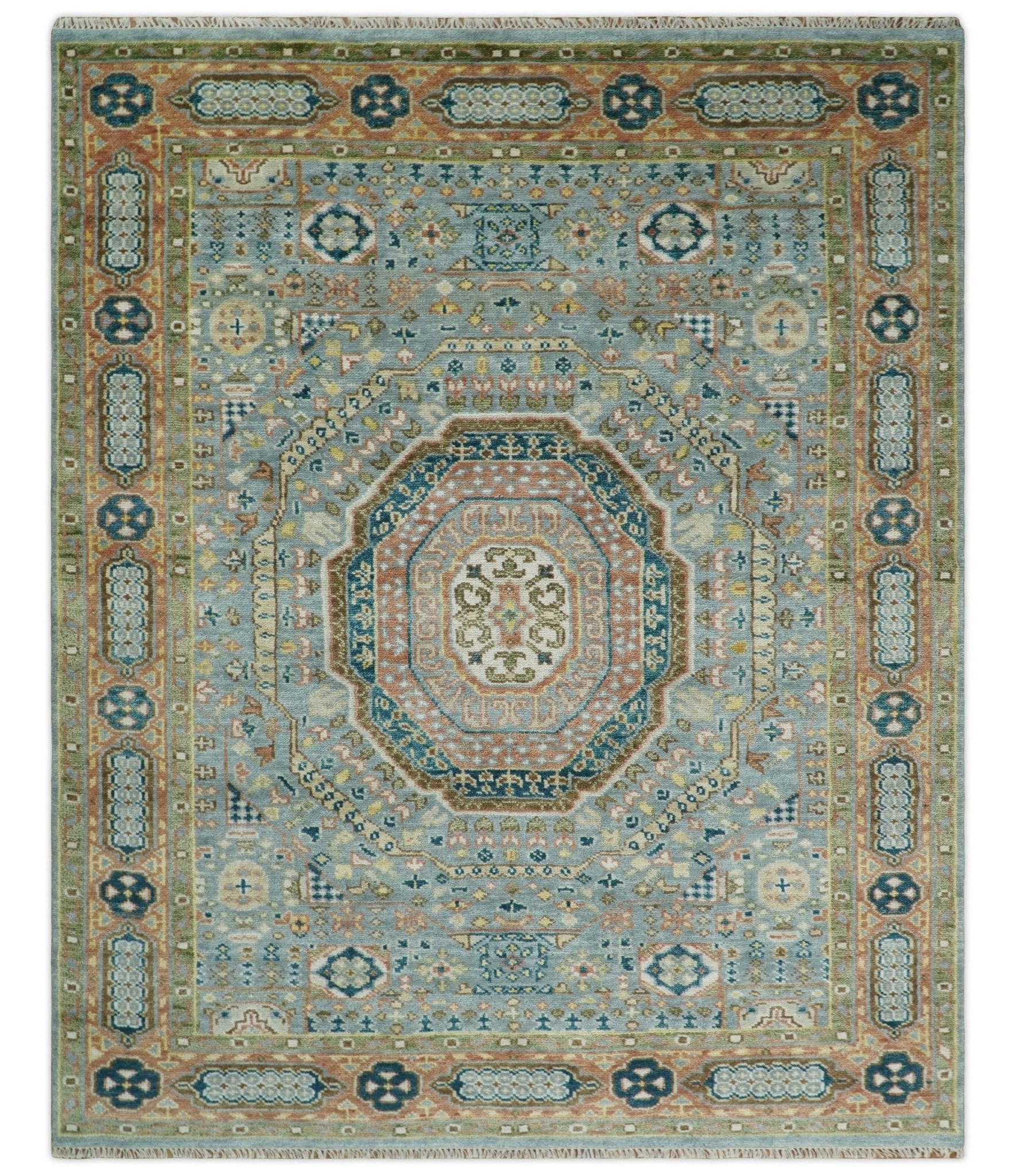 Rust and Blue Mamluk Rug 8x10, 9x12, 10x14 Hand Knotted Antique Style