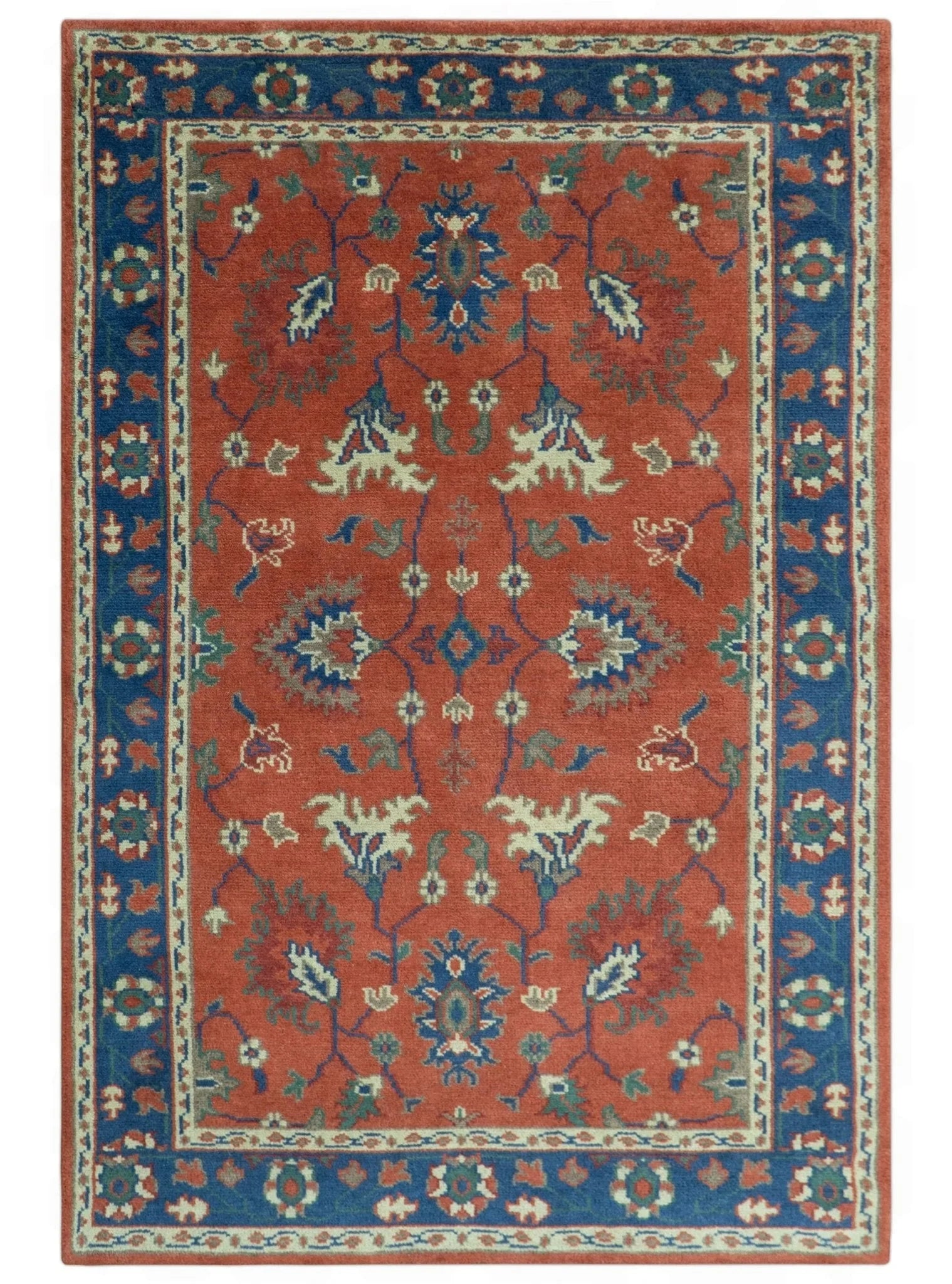 Rust, Blue and Beige Hand Knotted Oriental Oushak Multi Size wool Area Rug - The Rug Decor