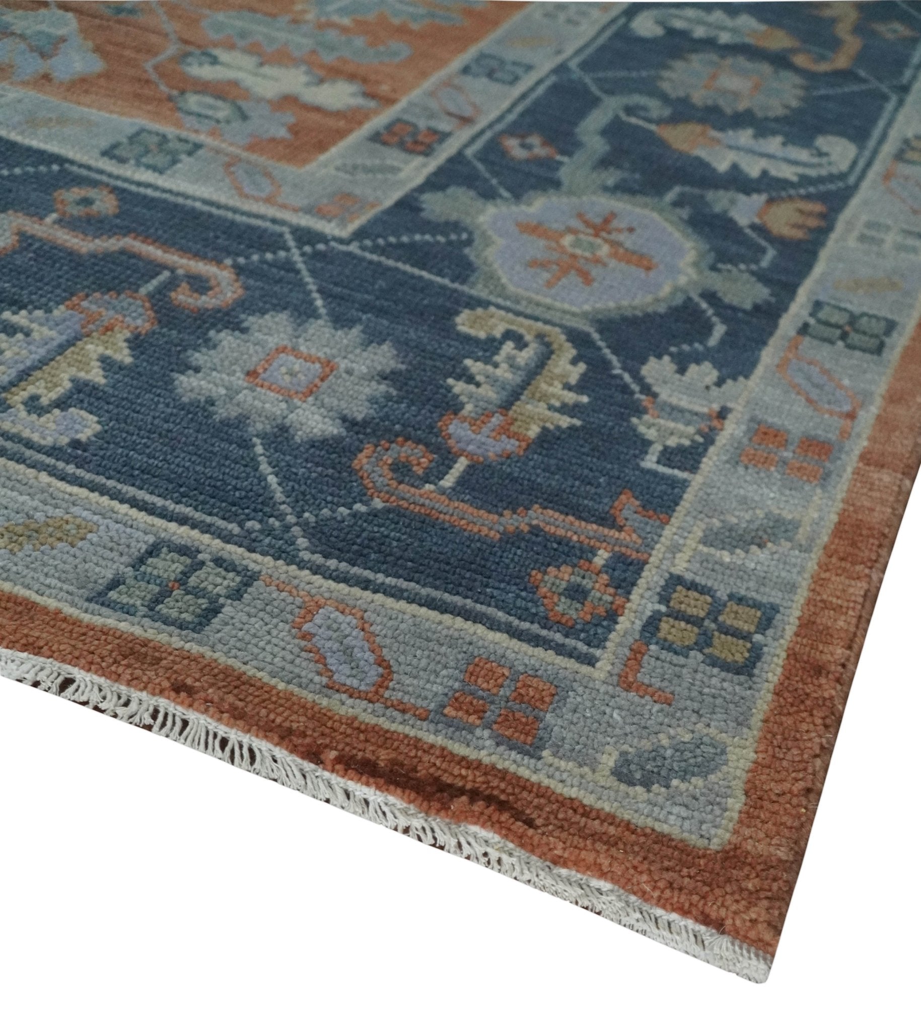 Rust, Blue and Silver Hand Knotted Traditional Multi Size Oushak Wool Area Rug - The Rug Decor