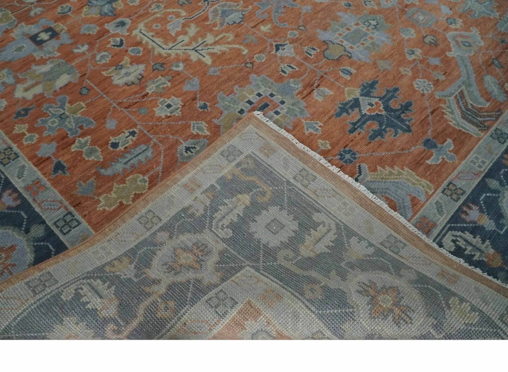 Rust, Blue and Silver Hand Knotted Traditional Multi Size Oushak Wool Area Rug - The Rug Decor