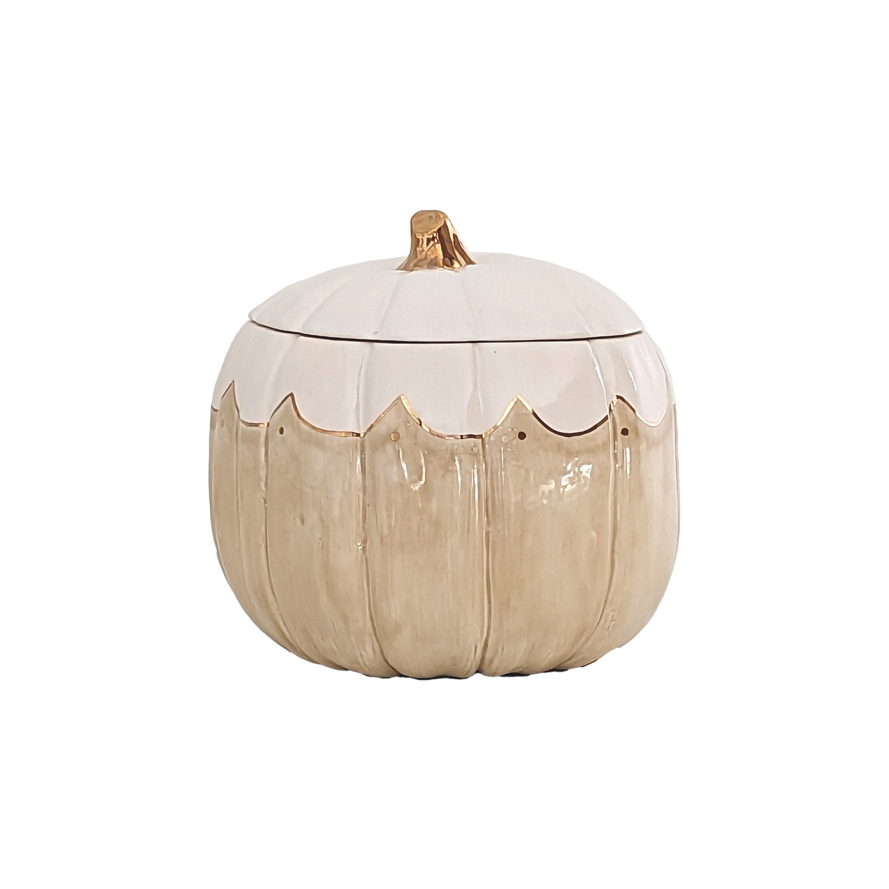 Scalloped Pumpkin Jar in Tan with 22K Gold Accents