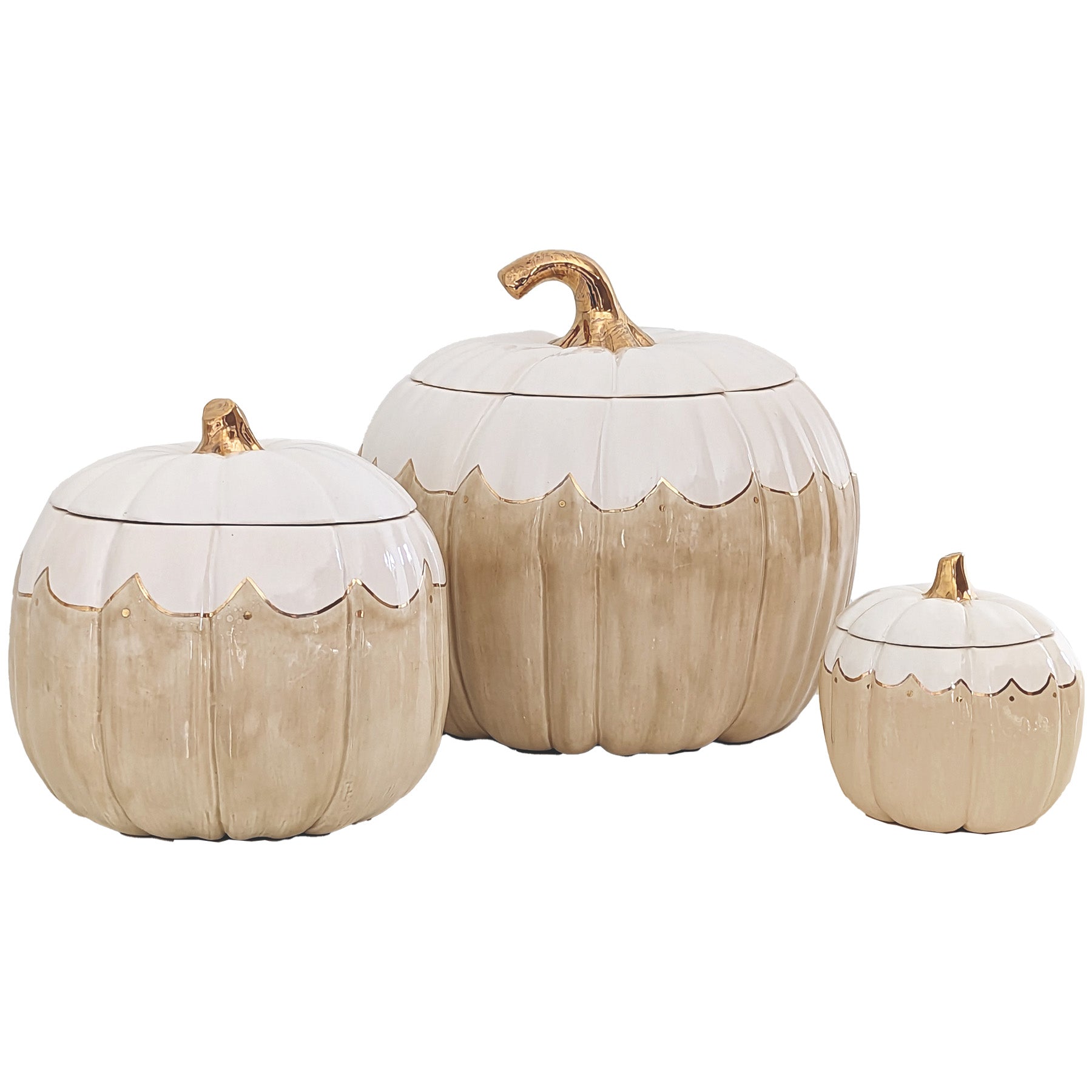 Scalloped Pumpkin Jar in Tan with 22K Gold Accents