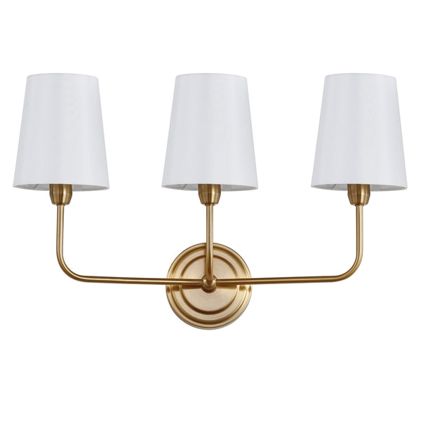 Sawyer Wall Sconce 3 Lighting in Brass Gold with Off White Shades