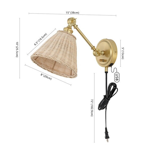 Oswynn Metal Wall Sconce in Brass with Rattan Shade (Set of 2)