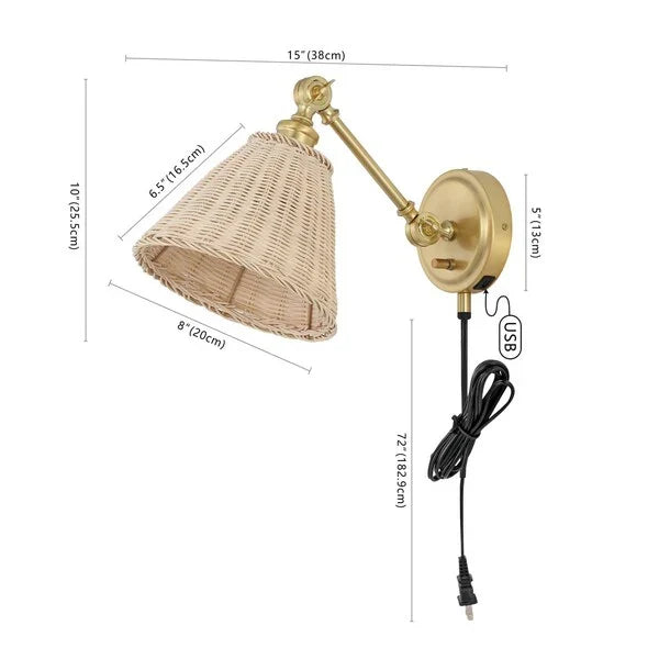 Oswynn Wall Sconce in Brass with Rattan Shade (Set of 2)