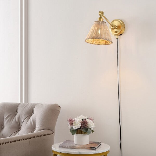 Oswynn Metal Wall Sconce in Brass with Rattan Shade (Set of 2)