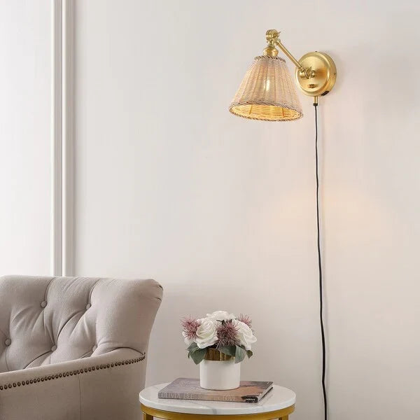 Oswynn Wall Sconce in Brass with Rattan Shade (Set of 2)