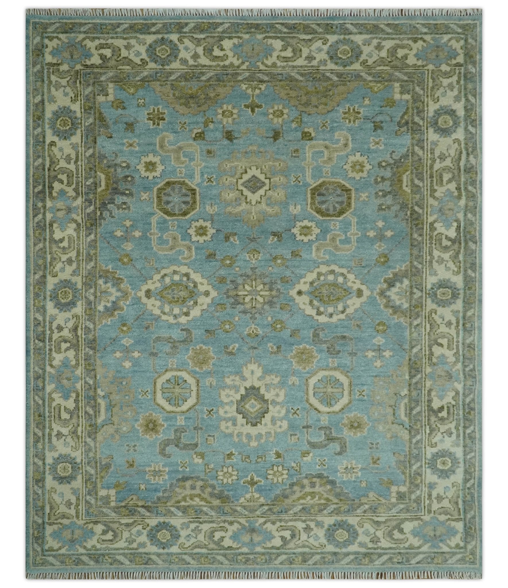 Sea Blue, Green and Ivory Hand Knotted Traditional Oushak Custom Made wool rug - The Rug Decor