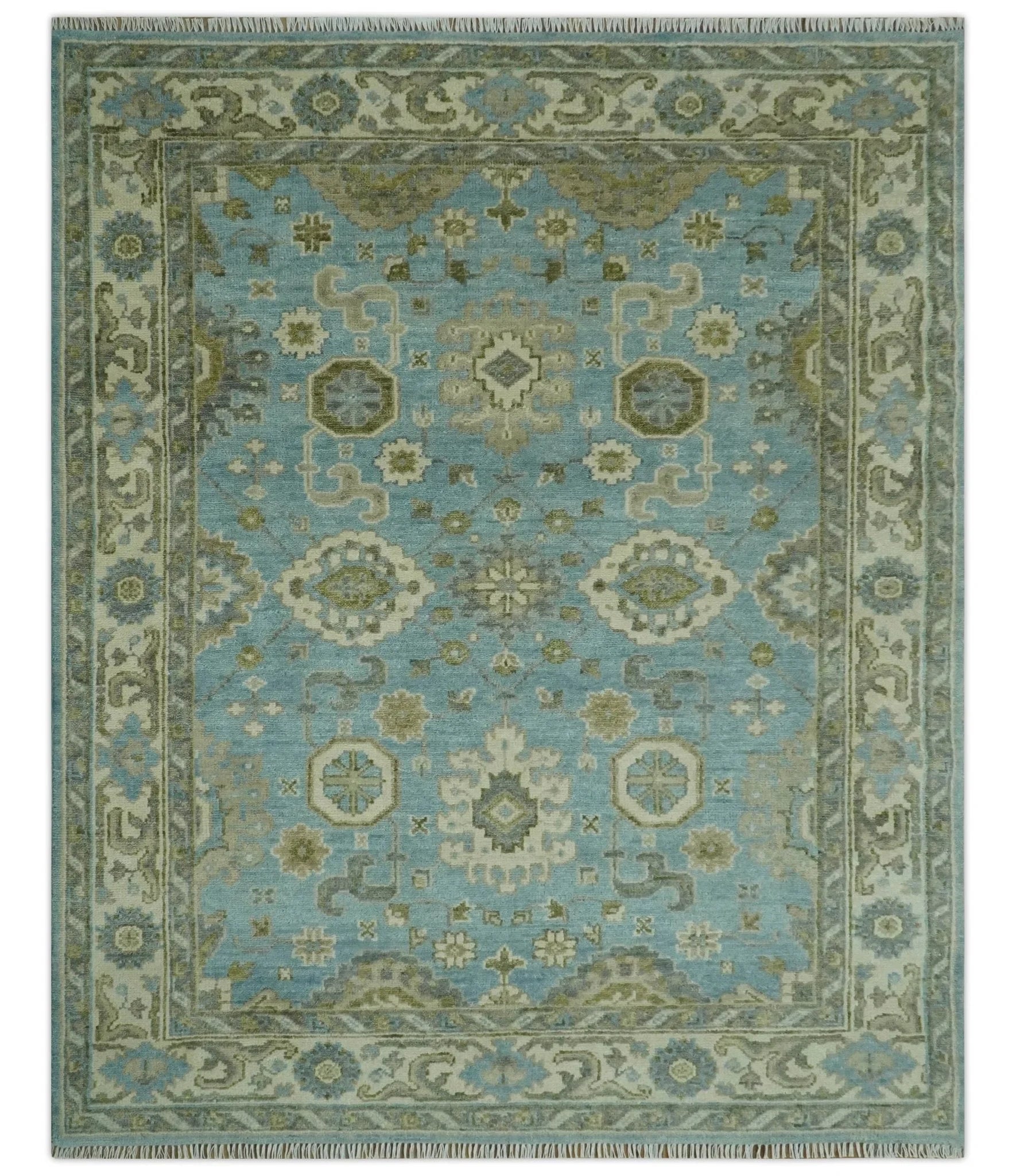 Sea Blue, Green and Ivory Hand Knotted Traditional Oushak Custom Made wool rug - The Rug Decor