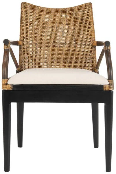 Gianni Woven Rattan Arm Chair in Brown and Black with Mahogany Wood Legs - The Mayfair Hall