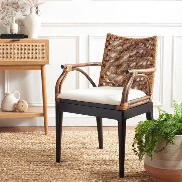 Gianni Woven Rattan Arm Chair in Brown and Black with Mahogany Wood Legs - The Mayfair Hall