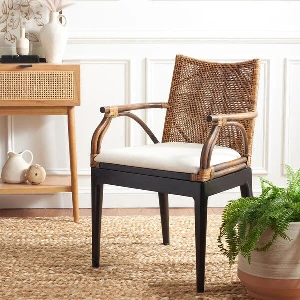 Gianni Woven Rattan Arm Chair in Brown and Black with Mahogany Wood Legs - The Mayfair Hall