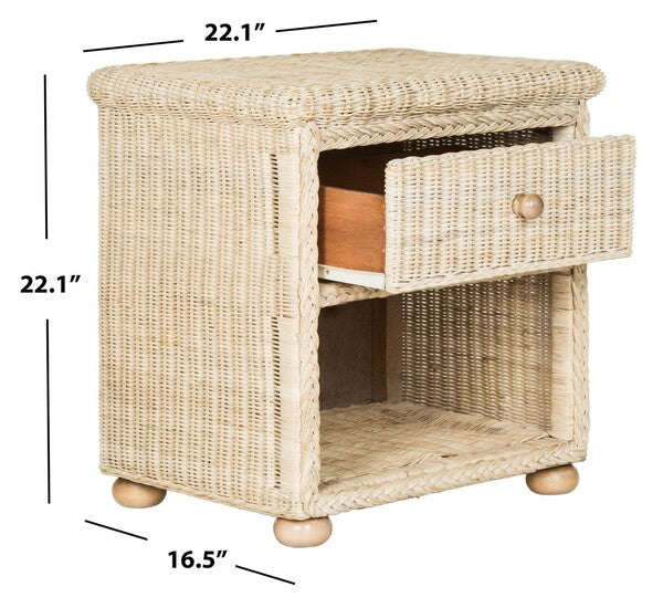 Adira Natural Wicker Nightstand in White Wash with Drawer and Storage