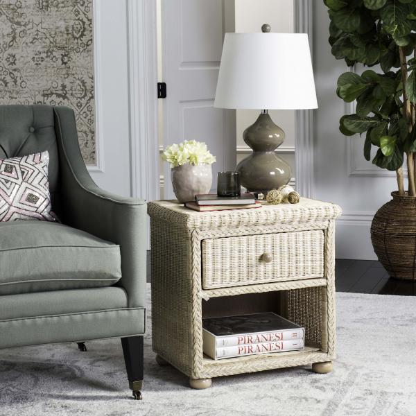 Adira Natural Wicker Nightstand in White Wash with Drawer and Storage