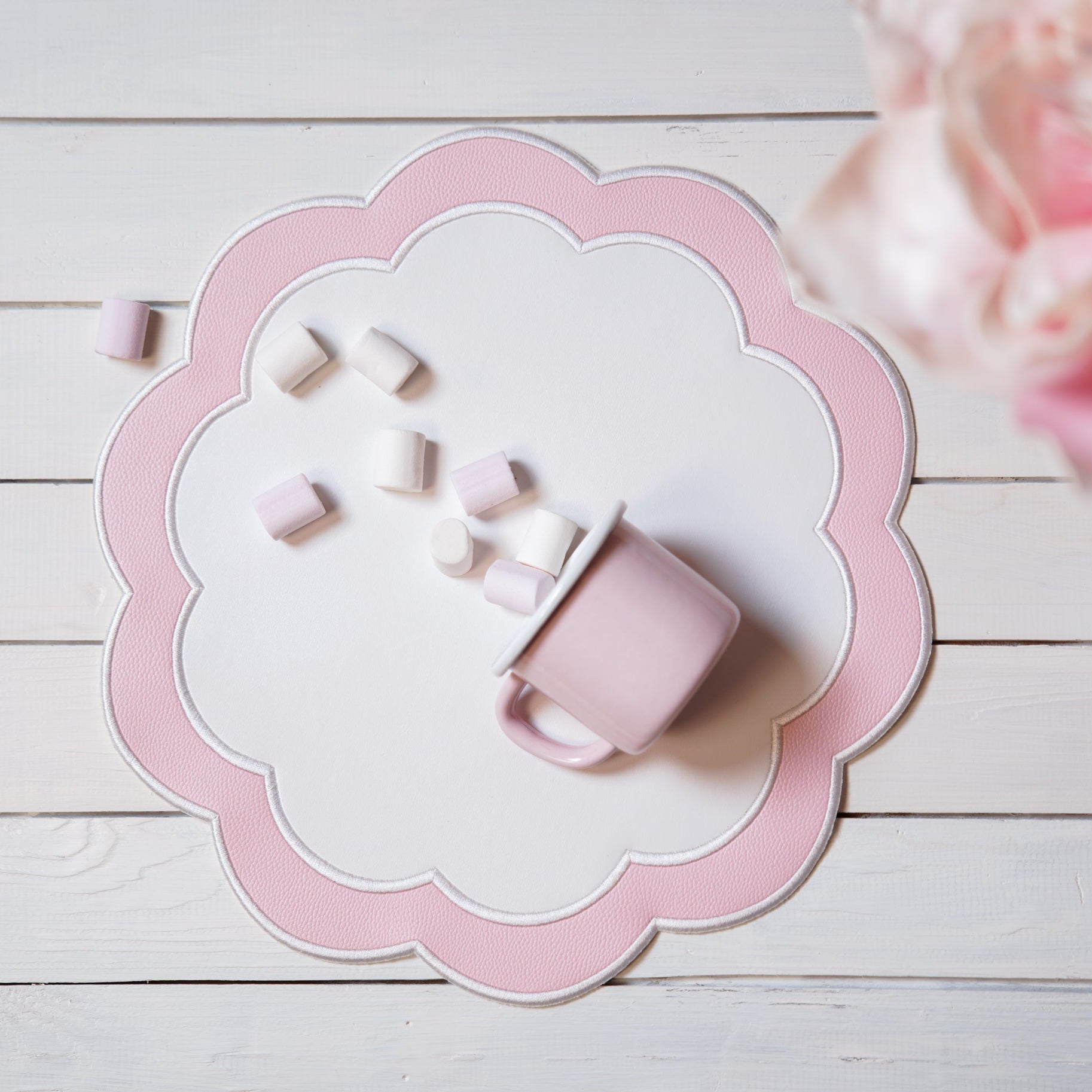 SERENITY WHITE PINK SCALLOPED FAUX LEATHER PLACEMAT