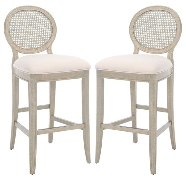 Karlee Rattan Bar Stool in Rustic Gray with Beige Upholstery (Set of 2)