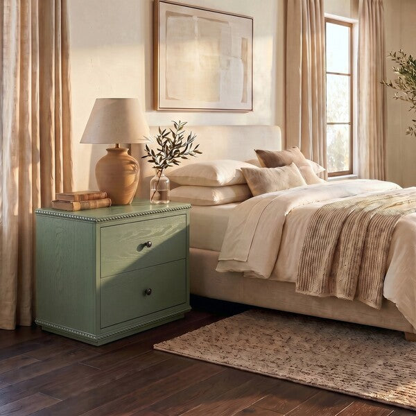 Octavian Wood Nightstand with Rope Detail and 2 Drawer in Green