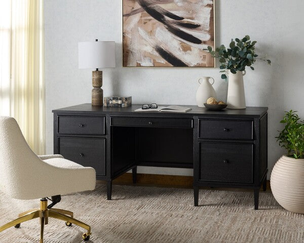 Ariella 5 Drawer Wood Desk in Black
