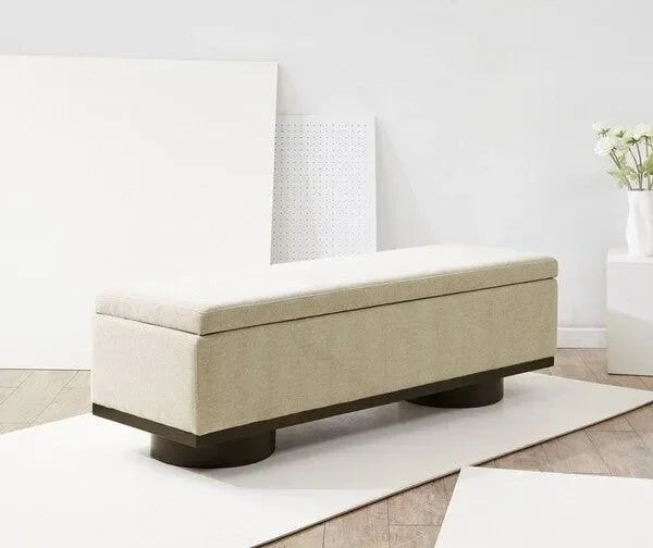 Vianna Linen Storage Bench in Beige and Walnut - The Mayfair Hall