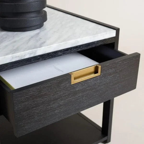 Adeline Wood Nightstand in Black with Marble Top - The Mayfair Hall