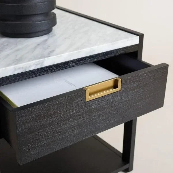 Adeline Wood Nightstand in Black with Marble Top - The Mayfair Hall