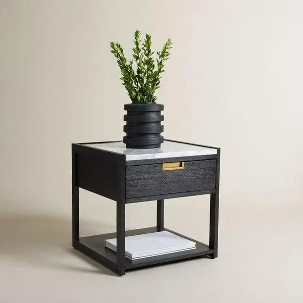 Adeline Wood Nightstand in Black with Marble Top - The Mayfair Hall