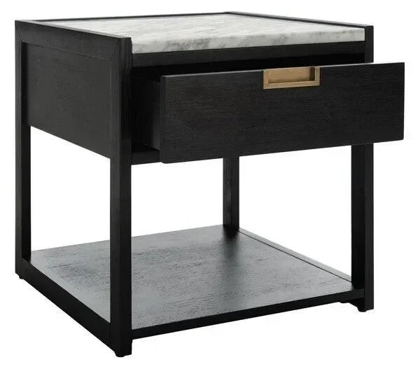 Adeline Wood Nightstand in Black with Marble Top - The Mayfair Hall