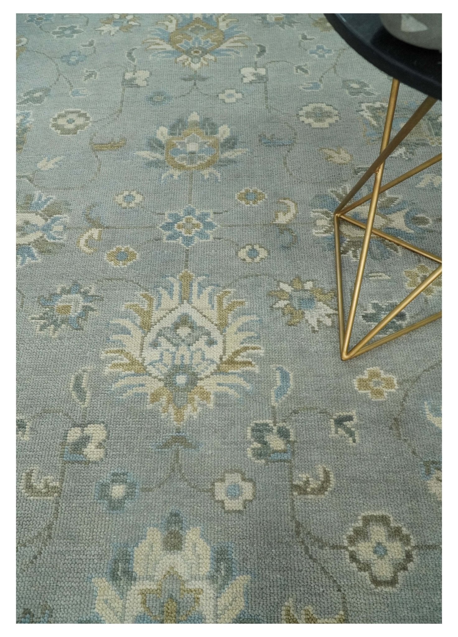 Silver and Brown Antique Traditional Floral Oushak wool area Rug