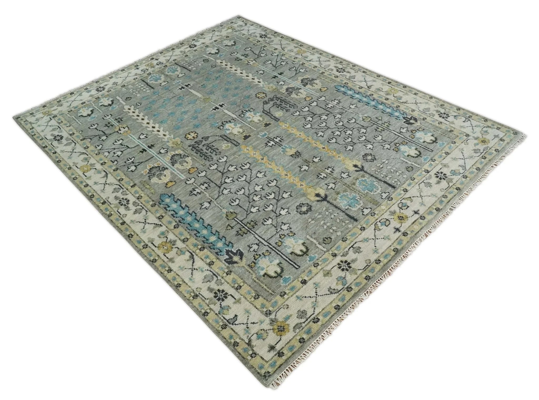 Silver and Ivory 8x10, 9x12, 10x14 and 12x15 Hand Knotted Traditional Persian Vintage Oushak Wool Rug | TRDCP870810 - The Rug Decor