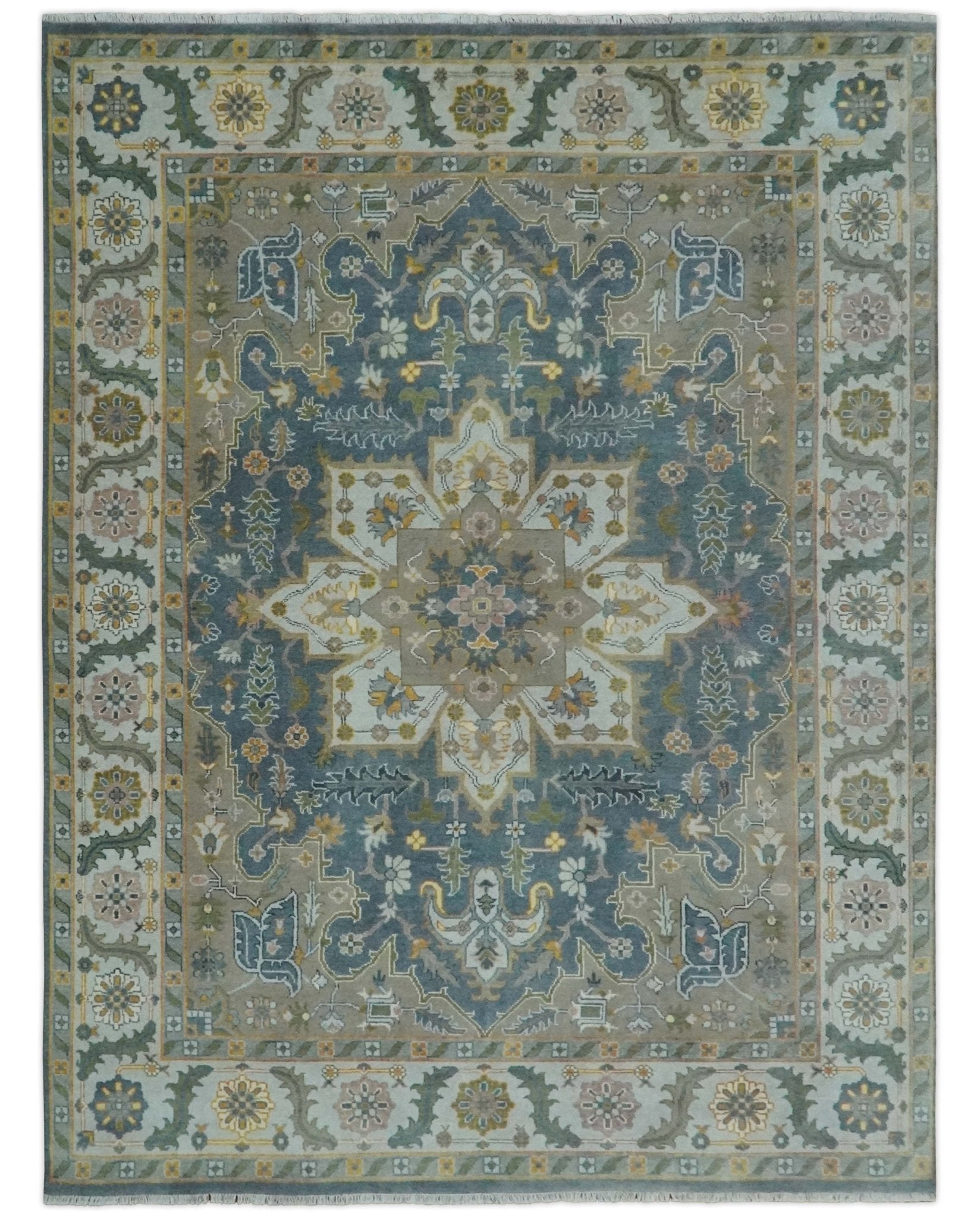 Silver, Teal and Taupe Hand knotted Traditional Heriz Serapi 9x12 Wool Area Rug