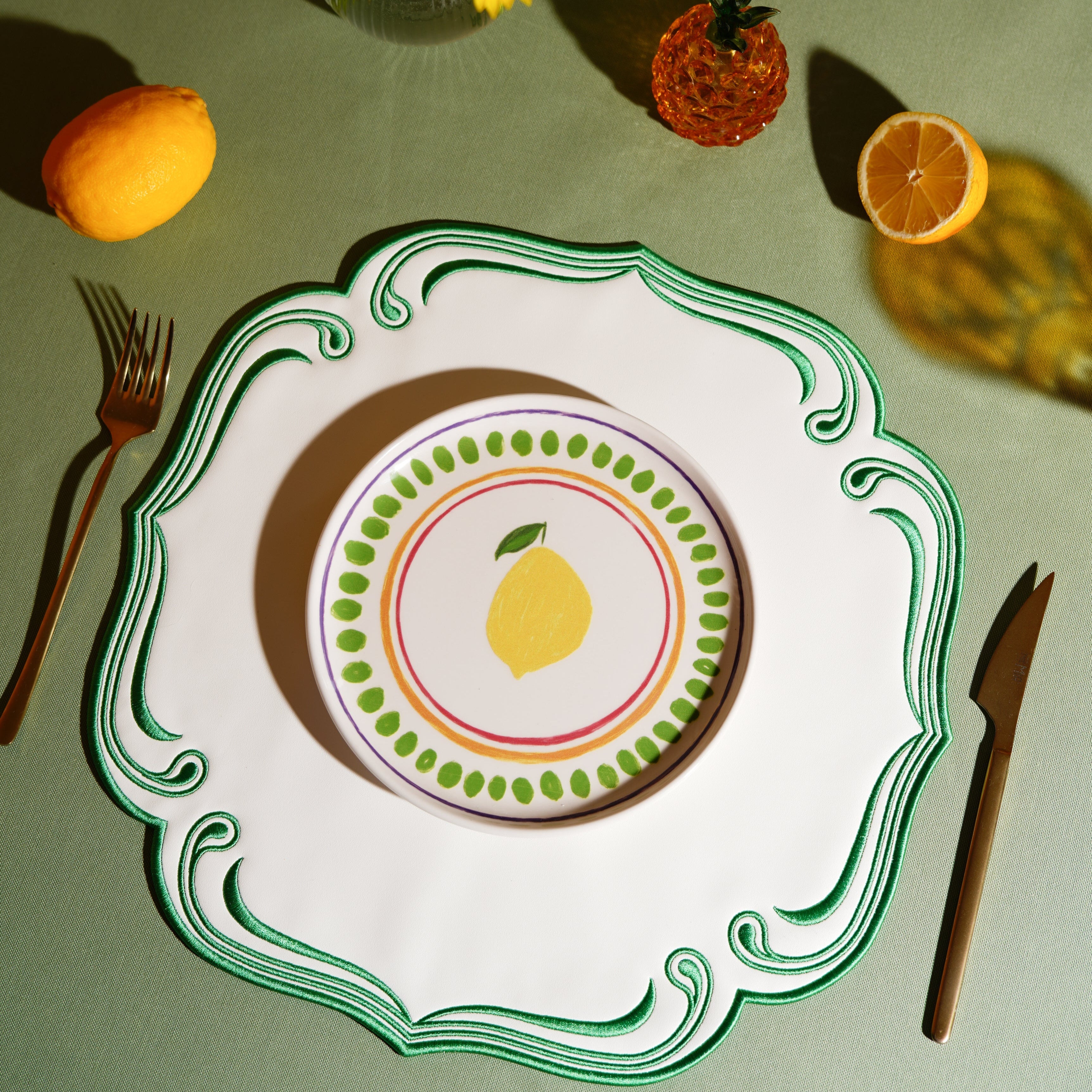 ROYAL WHITE GREEN TRIM SQUARE FAUX LEATHER PLACEMAT