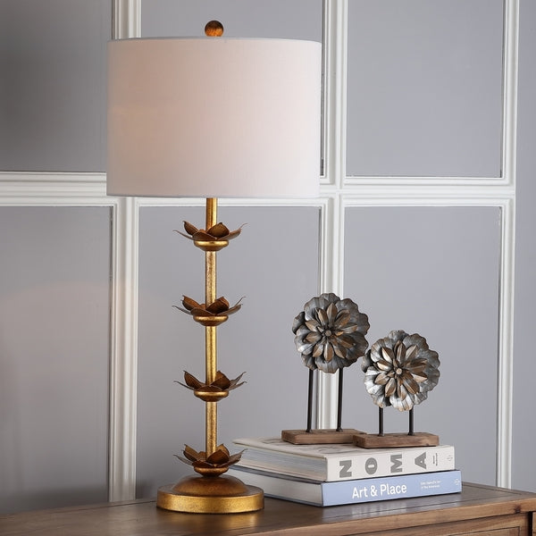 Lani Iron Table Lamp in Black and Antique Gold with White Cotton Shade (Set of 2)