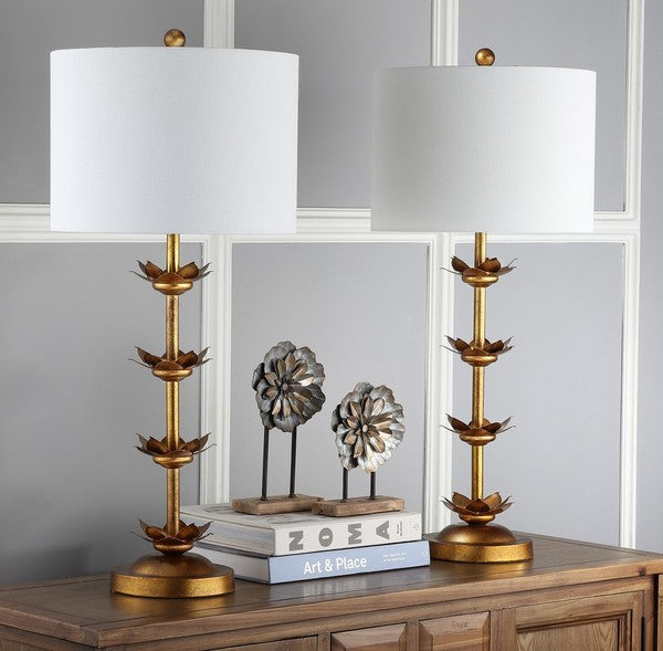 Lani Iron Table Lamp in Black and Antique Gold with White Cotton Shade (Set of 2)