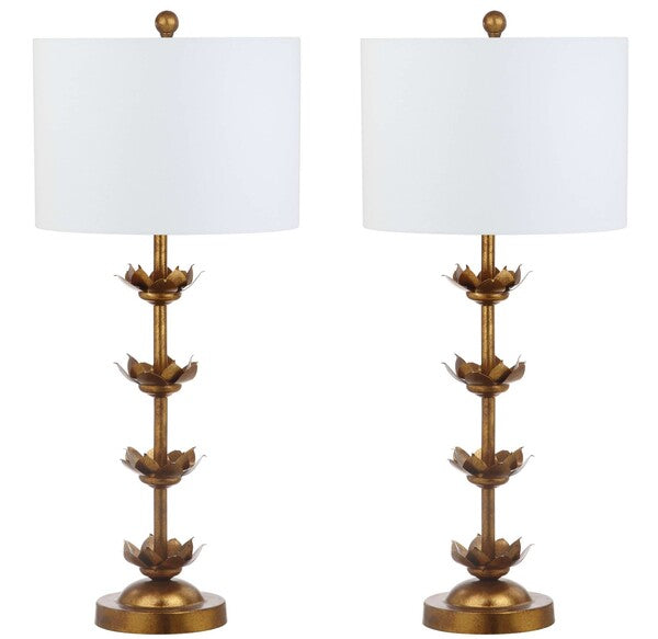 Lani Iron Table Lamp in Black and Antique Gold with White Cotton Shade (Set of 2)