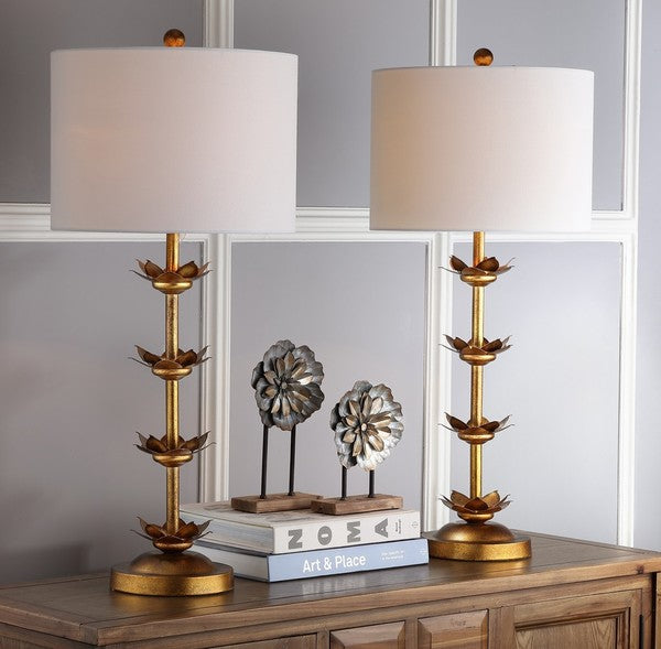 Lani Iron Table Lamp in Black and Antique Gold with White Cotton Shade (Set of 2)