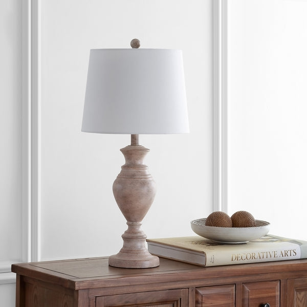 Kyler Resin Table Lamp in Brown Wood with Off White Cotton Shade