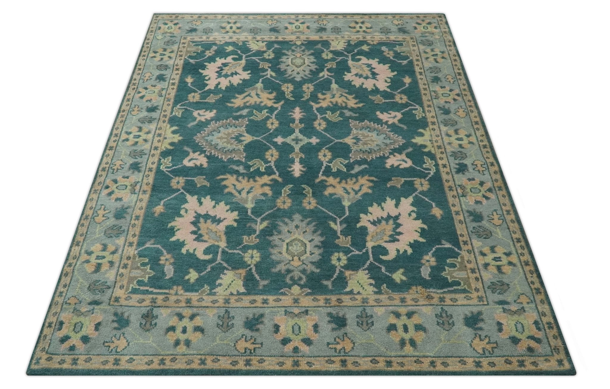 Teal, Gray and Beige Hand Knotted Traditional Oushak Custom Made wool Area Rug - The Rug Decor