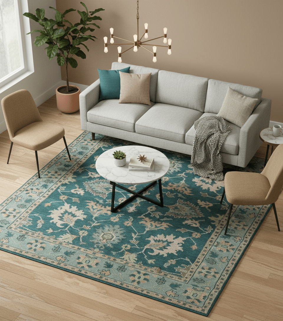 Teal, Gray and Beige Hand Knotted Traditional Oushak Custom Made wool Area Rug
