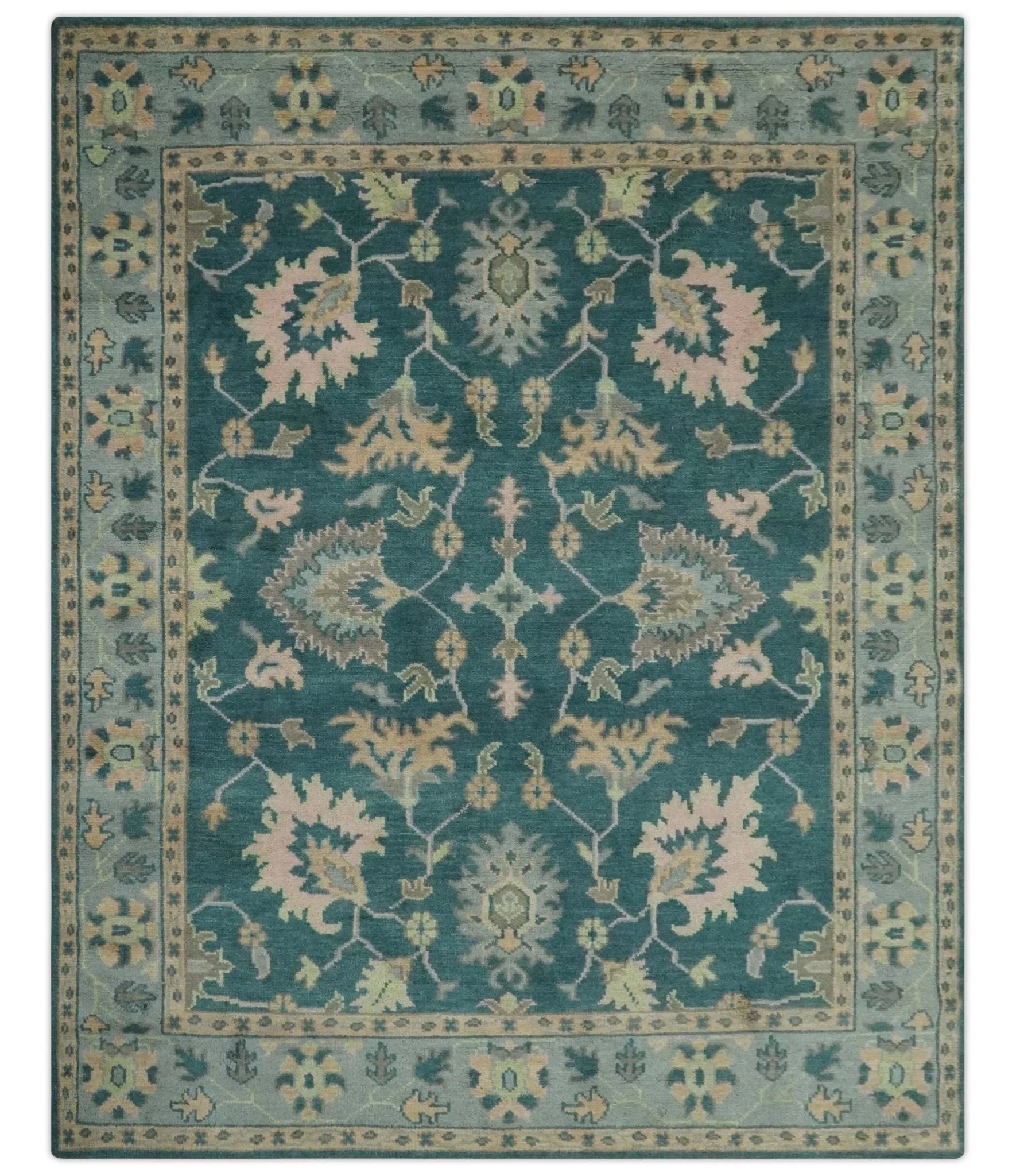 Teal, Gray and Beige Hand Knotted Traditional Oushak Custom Made wool Area Rug - The Rug Decor