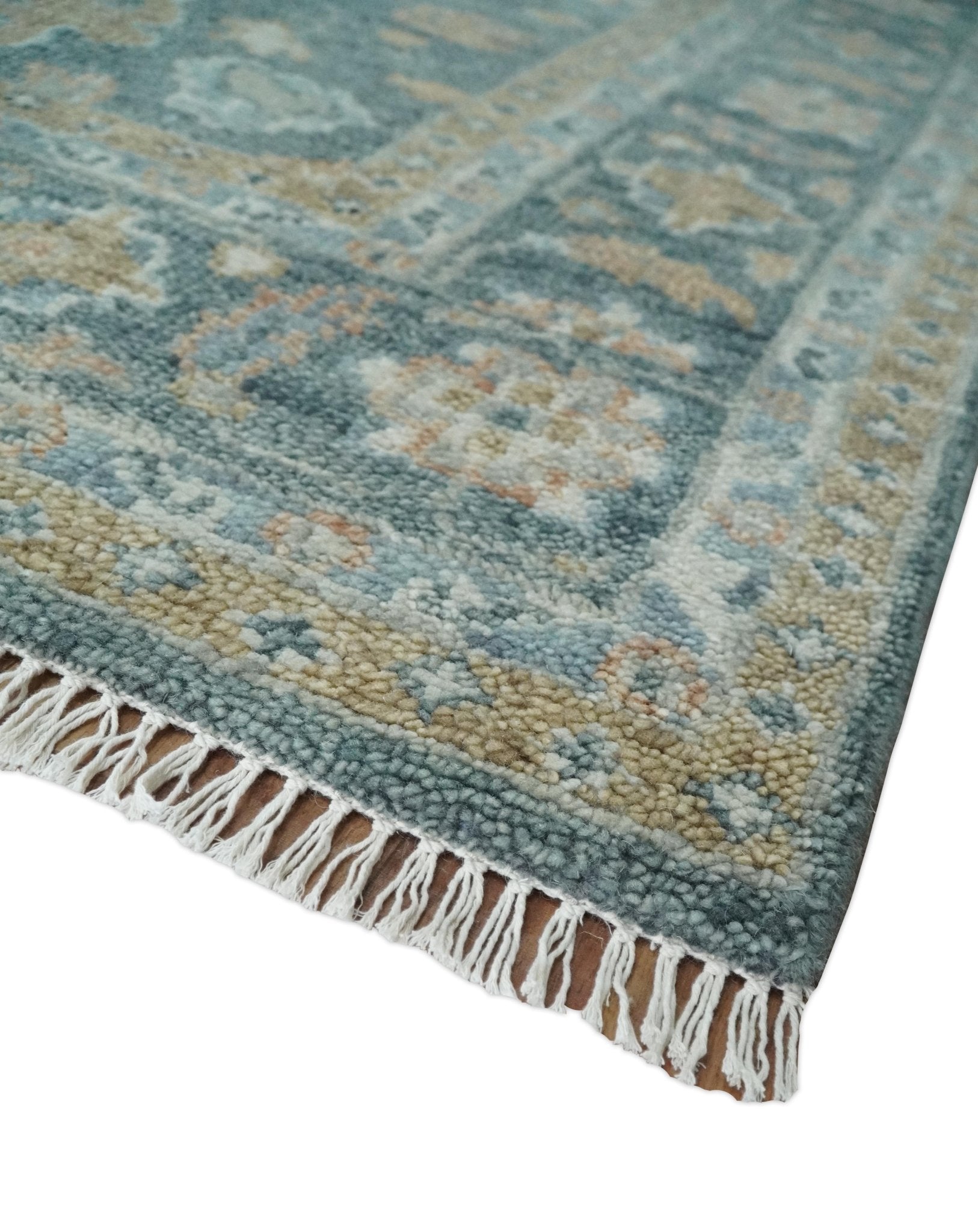 Teal, Olive and Silver Antique Style Hand knotted 8x10 Oushak wool Area Rug