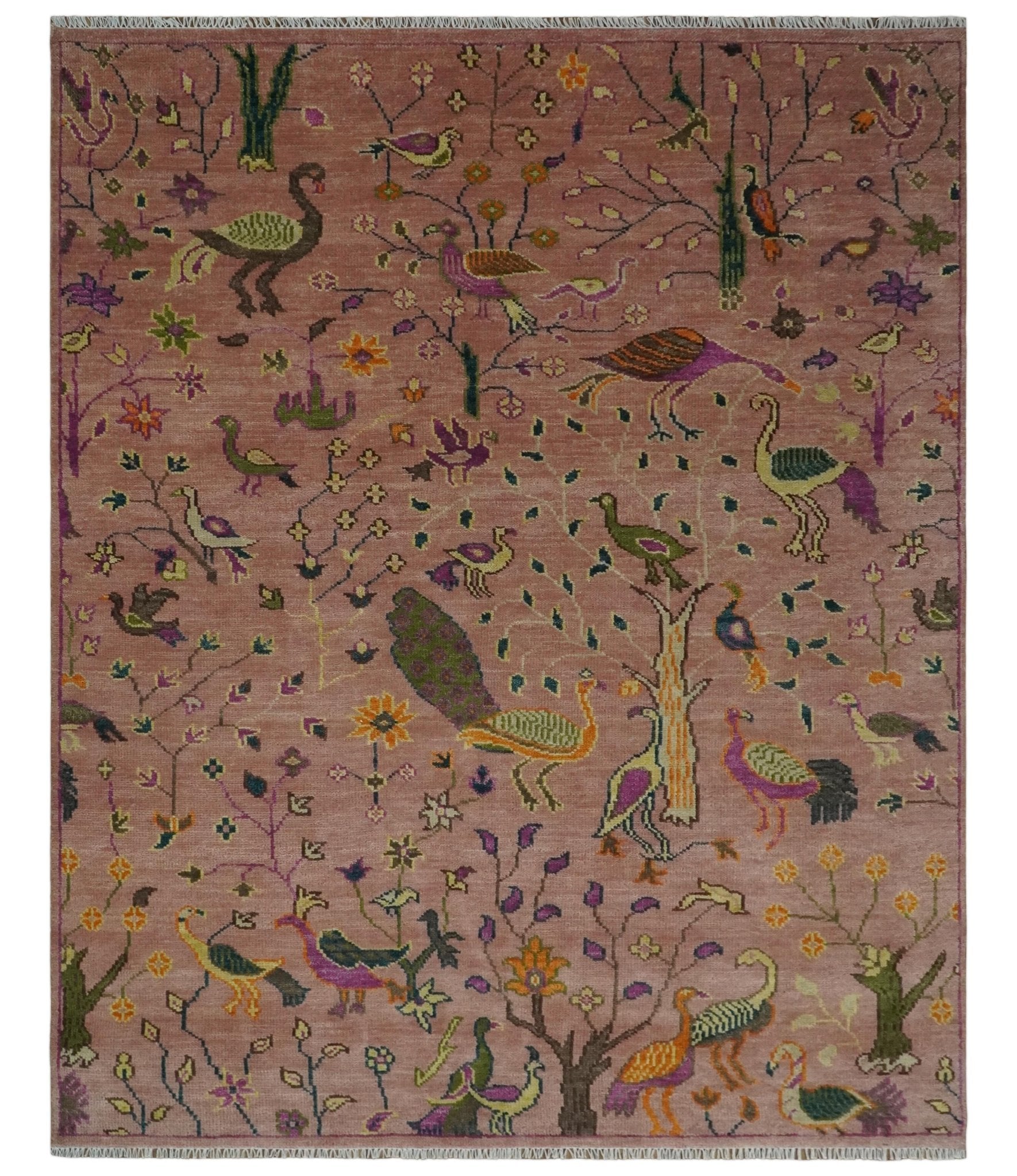 The Jungle Life Peacock on Tree Hand Knotted Peach Wool Rug
