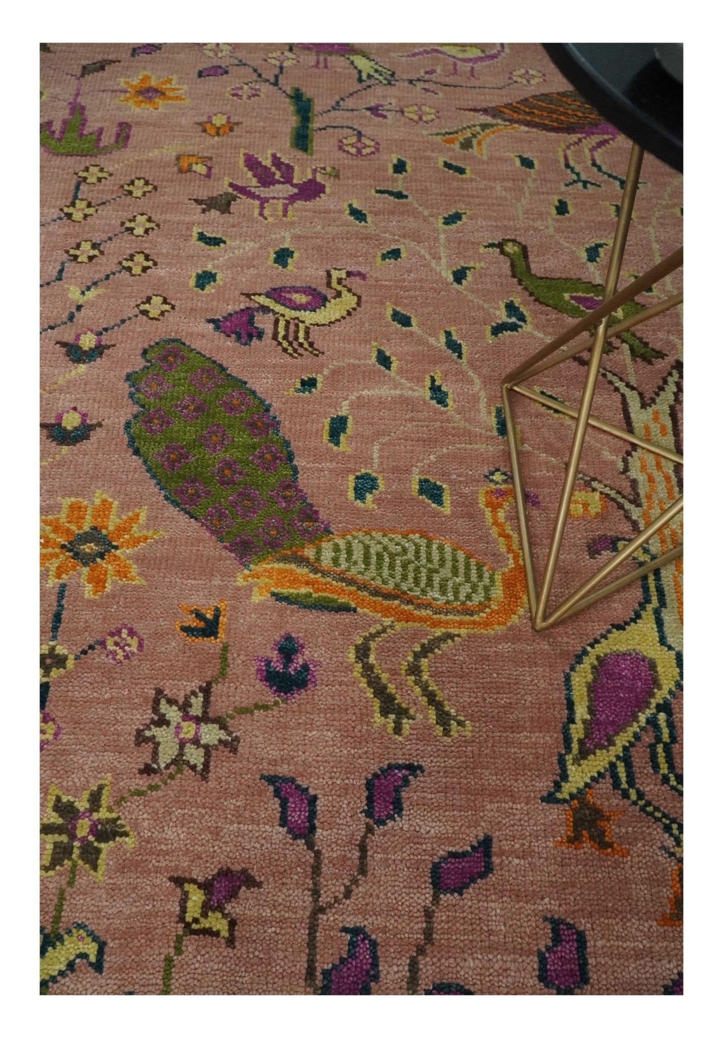 The Jungle Life Peacock on Tree Hand Knotted Peach Wool Rug