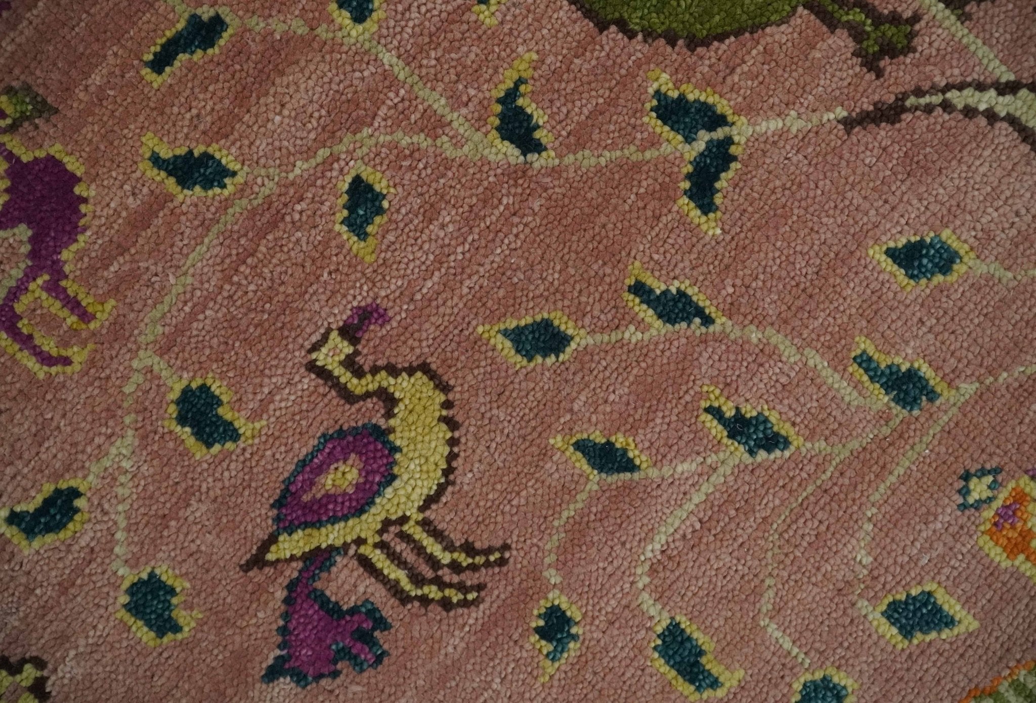 The Jungle Life Peacock on Tree Hand Knotted Peach Wool Rug