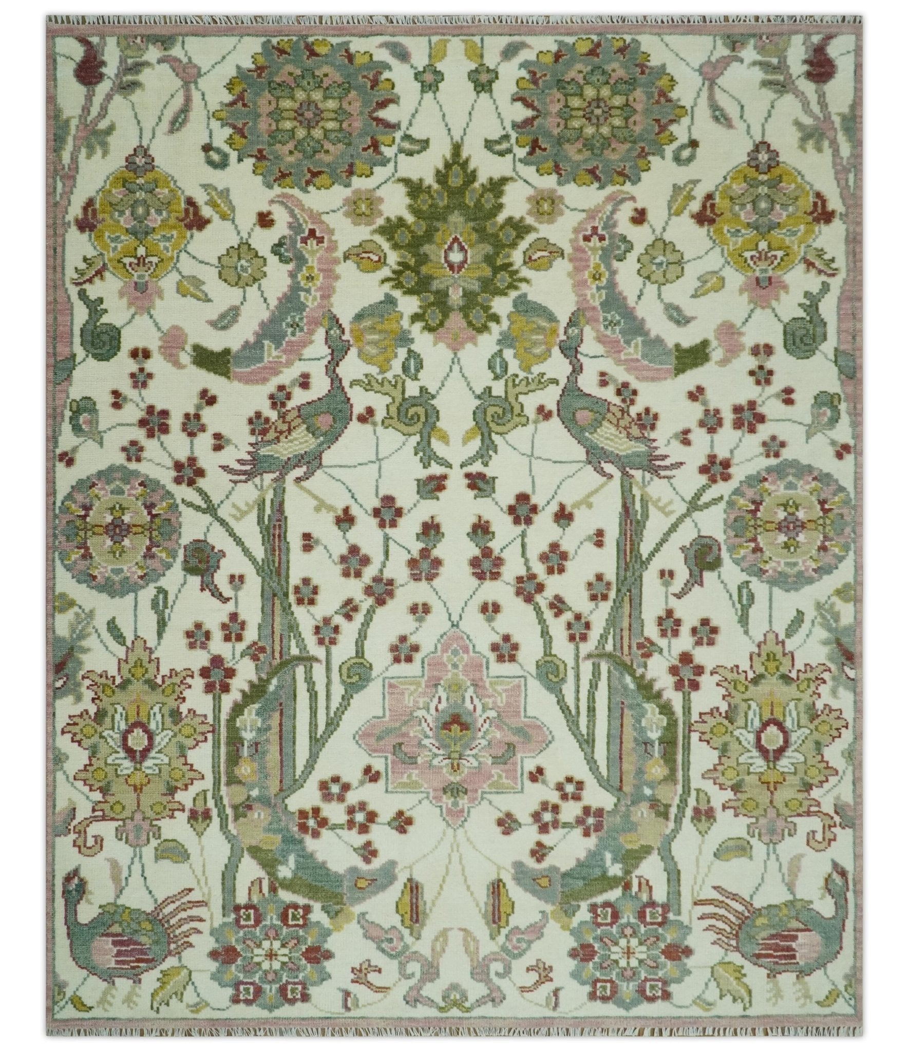 The Peacock Garden Ivory and Green Bird Hand Knotted Multi size Wool Area Rug