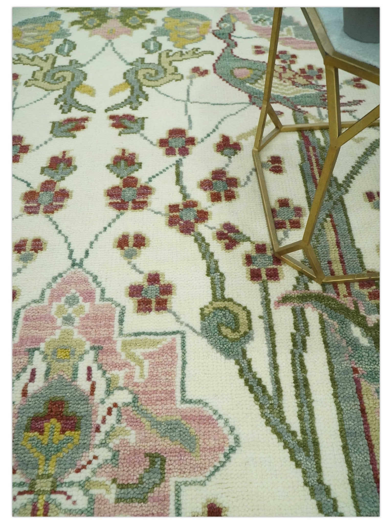 The Peacock Garden Ivory and Green Bird Hand Knotted Multi size Wool Area Rug