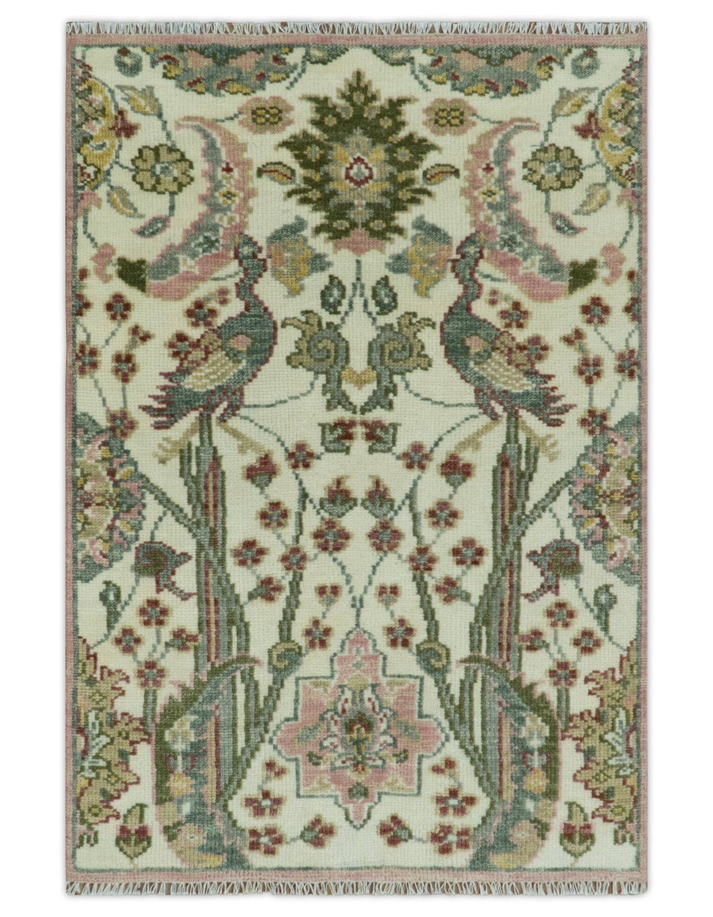 The Peacock Garden Ivory and Green Bird Hand Knotted Multi size Wool Area Rug